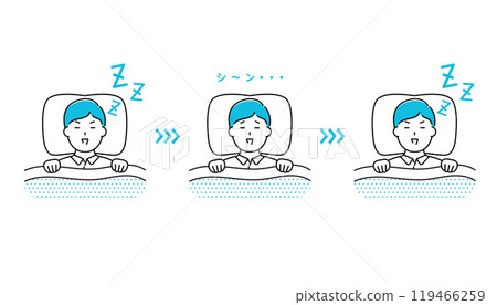 Illustration of a man sleeping and snoring, going into an apnea state 119466259