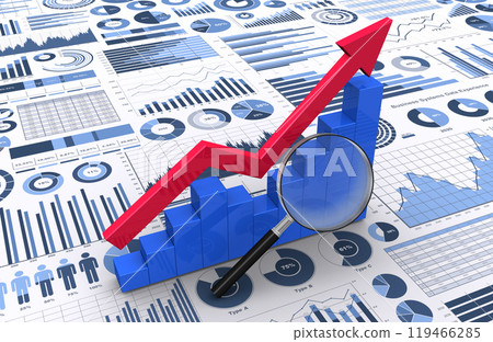 使用放大鏡查看上升的 3D 箭頭和長條圖 119466285