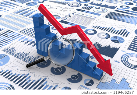 3D descending arrow and bar graph viewed through a magnifying glass 119466287