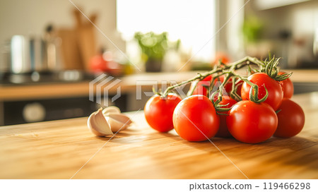 Farm-fresh tomatoes and garlic displayed on a kitchen counter 119466298