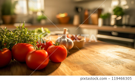 Farm-fresh tomatoes and garlic displayed on a kitchen counter 119466305