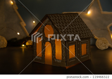 Cardboard paper Lantern House Sustainable Christmas preparation Diy handmade house. Step by step activity for children. Inclusive and responsible stress relief holiday hobby 119466322
