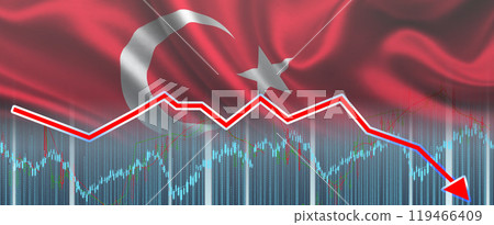 Recession graph with a red arrow on the Turkey flag, inflation. Decline of the Turkish economy. Fall of the Turkey Economy 119466409