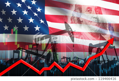 Oil pumps with the USA flag. Oil rise with the US flag. Oil production with USA flag 119466416