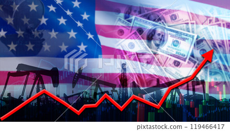Oil rise with the US flag. Oil production with USA flag. Oil pumps with the USA flag 119466417