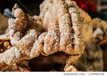 Close up of homemade Nicaraguan pork rinds. Close up of homemade chicharron on the table Close up of homemade Nicaraguan pork rinds. Close up of homemade chicharron on the table 119466508