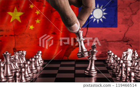 China vs Taiwan flag concept on chessboard. Political tension between China and Taiwan on pieces of chessboard China vs Taiwan flag concept on chessboard. Political tension between China and Taiwan on pieces of chessboard 119466514