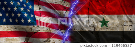 War between the United States and Yemen. USA vs Yemen flag on a cracked wall. Conflict between the United States and Yemen 119466527