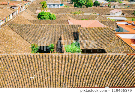 View of the tiled roofs of the colorful buildings in Granada, Nicaragua. Top view of the facade of colorful colonial buildings in the city of Granada 119466579