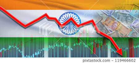 India financial crisis on economic graph, economic collapse. Financial fall of India economy on financial graph India financial crisis on economic graph, economic collapse. Financial fall of India economy on financial graph 119466602
