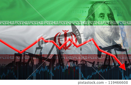 Crisis and decline in oil production with Iranian flag on financial graph. Fall in the price of oil with the Iranian flag Crisis and decline in oil production with Iranian flag on financial graph. Fall in the price of oil with the Iranian flag 119466608