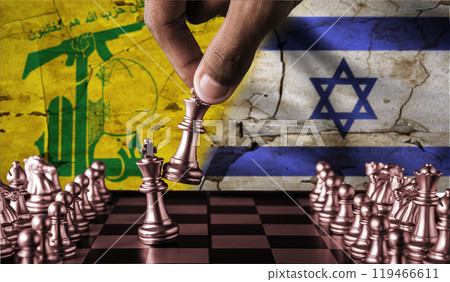 Israel vs Hezbollah flag concept on chessboard. War between Hezbollah and Israel. Conflict between Hezbollah and Israel on pieces of chessboard 119466611