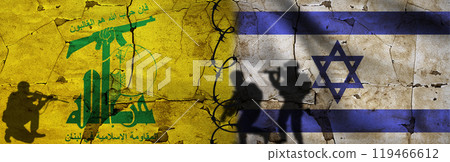 Conflict between Hezbollah and Israel concept. Israel vs Hezbollah flag on cracked wall. Political tension between Hezbollah and Israel 119466612
