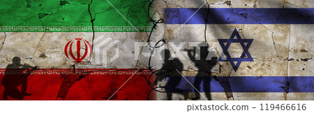 Conflict between Iran and Israel concept. Political tension between Iran and Israel. Israel vs Iran flag on cracked wall 119466616