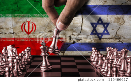 Israel vs Iran flag concept on chessboard. Political tension between Iran and Israel. Conflict between Israel and Iran on pieces of chessboard 119466617