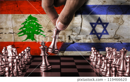 Israel vs Lebanon flag concept on chessboard. Political tension between Lebanon and Israel. Conflict between Lebanon and Israel on pieces of chessboard 119466620