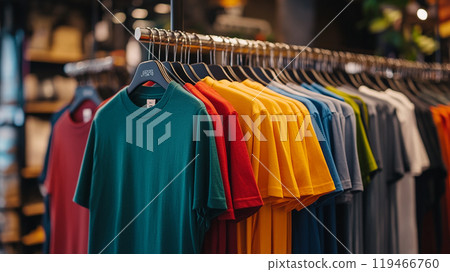 商店裡排列著色彩繽紛的T卹 119466760