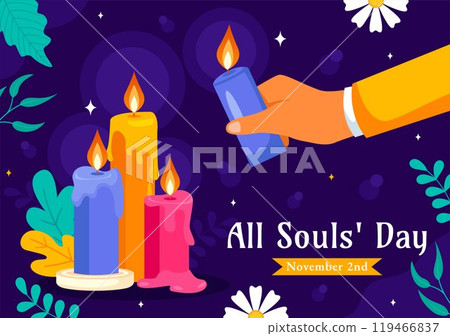 All Souls' Day Vector Illustration to Honor and Commemorate the Souls of Deceased Believers in the Christian Faith Featuring Candles in a Background All Souls' Day Vector Illustration to Honor and Commemorate the Souls of Deceased Believers in the Christian Faith Featuring Candles in a Background 119466837