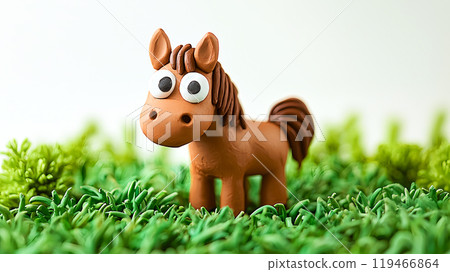黏土風格草地上一匹可愛的馬的 3D 插圖 119466864