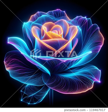 Digital illustration of a glowing holographic rose. 119467017