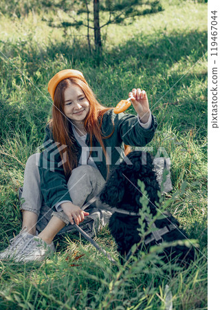 harmonious bond between humans, pets, and nature, promoting mental well-being and stress relief through outdoor activities 119467044