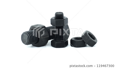 Black heavy duty bolts and nuts on white background showcasing industrial fastening hardware 119467300