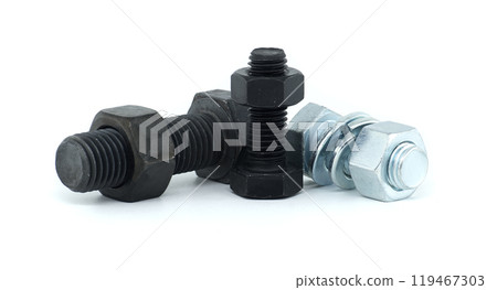 Close-up of metal bolts and nuts with one black and one silver on white background 119467303