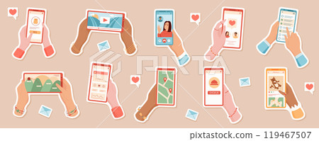 Sticker set of hands holding phone with various apps such as video, chat, navigation, and order. Concept of social media, online communication, gaming. Ideal for modern digital themes. 119467507