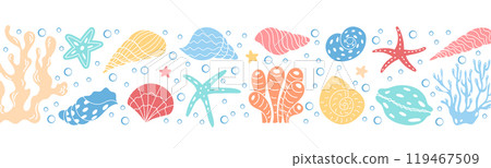 Underwater reef featuring corals and starfish in marine background. This colorful ocean life vector pattern design includes aquatic elements in a vibrant underwater world. 119467509