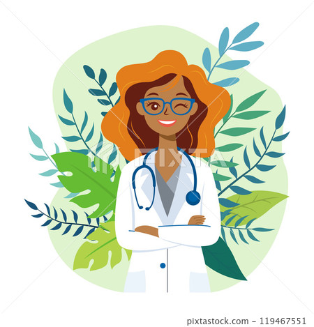 Flat Design Illustration of Friendly Female Doctor Crossing Hands with Plants Decoration Flat Design Illustration of Friendly Female Doctor Crossing Hands with Plants Decoration 119467551