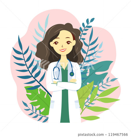 Flat Design Illustration of Friendly Female Doctor Crossing Hands with Plants Decoration Flat Design Illustration of Friendly Female Doctor Crossing Hands with Plants Decoration 119467566