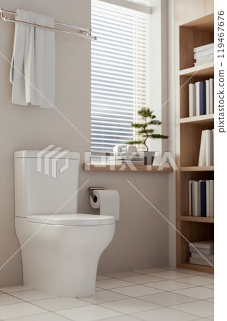 Minimalist bathroom featuring a toilet, a towel on a towel rack, a bookshelf and a white tile floor. 119467676