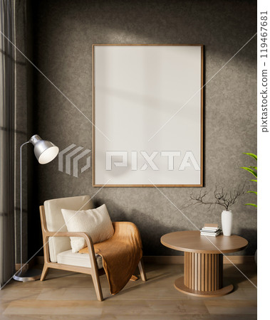 A contemporary living room features an armchair and a round wooden coffee table by the window. A contemporary living room features an armchair and a round wooden coffee table by the window. 119467681