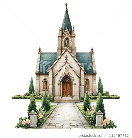 Charming church with a stone path and beautiful gardens Charming church with a stone path and beautiful gardens 119467712