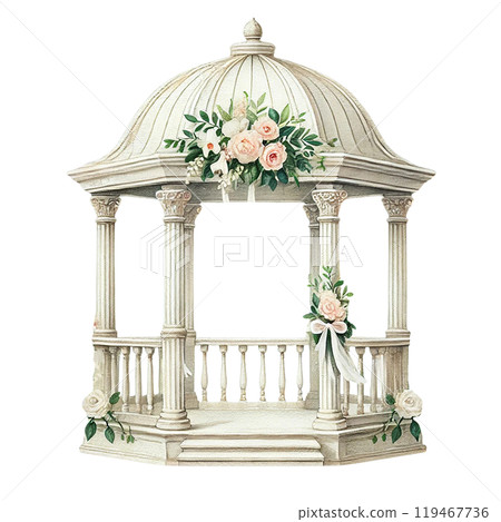 Elegant wedding gazebo adorned with flowers and greenery Elegant wedding gazebo adorned with flowers and greenery 119467736