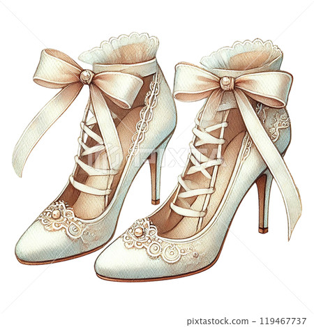 Elegant white high-heeled shoes with lace and bow Elegant white high-heeled shoes with lace and bow 119467737