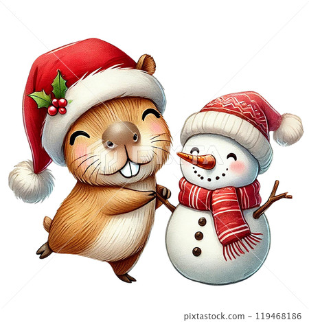 Cute animal celebrating Christmas with a snowman, white background Cute animal celebrating Christmas with a snowman, white background 119468186