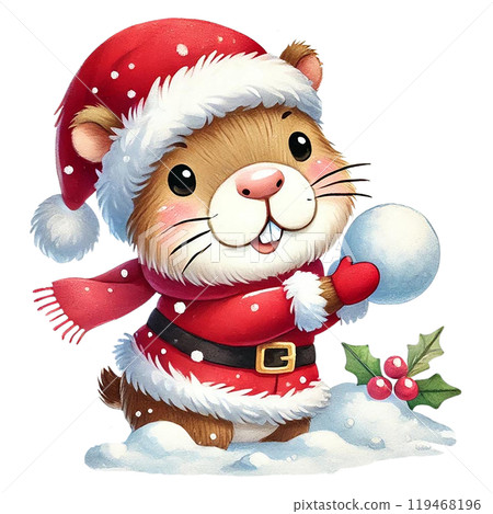 Cute animal in Santa outfit holding a snowball, white isolate background 119468196