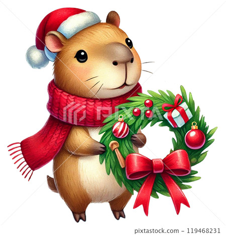 Festive hamster with Santa hat and Christmas wreath decoration 119468231