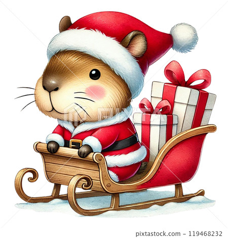 Guinea pig in Santa outfit riding a sleigh with gifts. 119468232