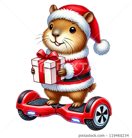 Guinea pig in Santa outfit with a gift on a hoverboard. 119468234
