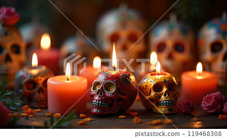 Decorated Candles with Sugar Skulls day of the dead Background 119468308