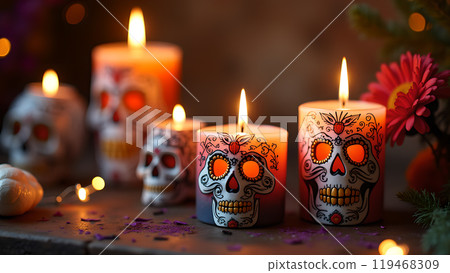 Decorated Candles with Sugar Skulls day of the dead Background 119468309
