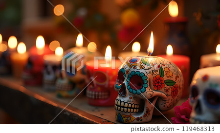 Decorated Candles with Sugar Skulls day of the dead Background Decorated Candles with Sugar Skulls day of the dead Background 119468313