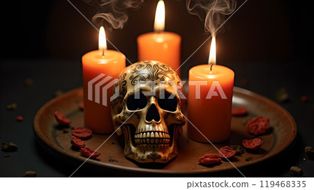 Skull Candles with Smoke Rising day of the dead Skull Candles with Smoke Rising day of the dead 119468335