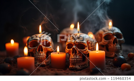 Skull Candles with Smoke Rising day of the dead Skull Candles with Smoke Rising day of the dead 119468354