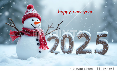 Snowman with a Scarf and Hat in a Snowy Field happy new year 2025 119468361