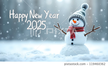 Snowman with a Scarf and Hat in a Snowy Field happy new year 2025 119468362