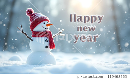Snowman with a Scarf and Hat in a Snowy Field happy new year 2025 119468363