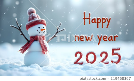Snowman with a Scarf and Hat in a Snowy Field happy new year 2025 119468367